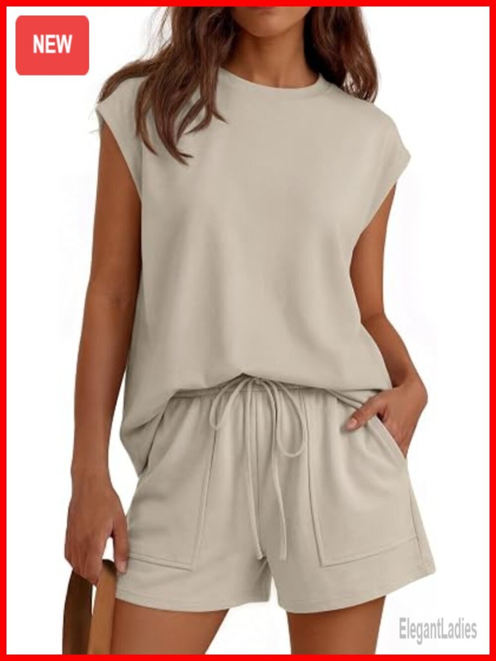 Womens Two Piece Short Set Cap Sleeve Crew Neck Drawstring Sweatsuit with